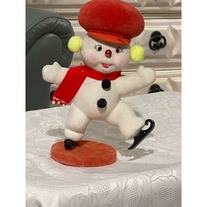 Vintage kitschy  skating Frosty the Snowman flocked ,Retro Christmas